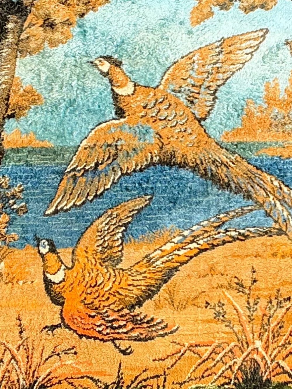 Oversized VTG 1960s Italian Wall Tapestry Pheasant Fox Woodland Rug 47”x70” - Picture 6 of 16